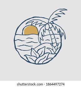 Vintage hand drawn beach and coconut tree. t-shirt design