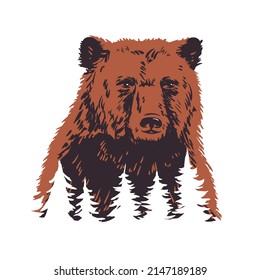 Vintage hand drawn bear with forest silhouette. Retro design for prints, t shirts, travel mugs, tattoo. Vintage hipster adventure style.