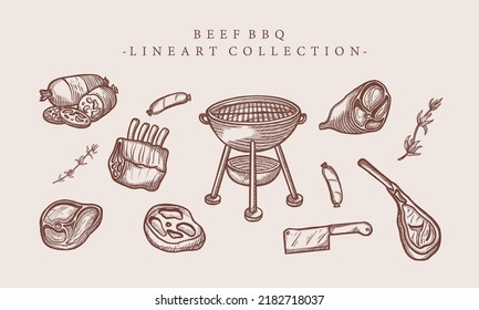 ilustración de la línea de la línea de la parrilla dibujada a mano Beef BBQ