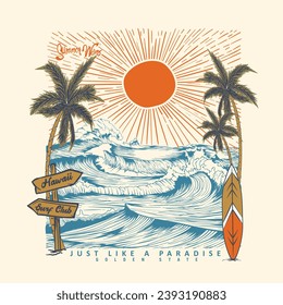 Vintage Hand drawn Big Waves with sunrise Sketch, palm tree and Hawaii direction with surfboard, tropical summer beach paradise vibes