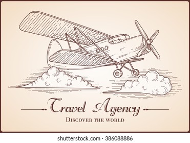 Vintage hand drawn biplane. Vector airplane illustration. Retro plane sketch. Vector typographic poster.