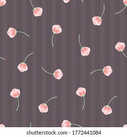 Vintage hand drawn blooming pink flowers green leaves illustration vector stripes dark seamless background, print, textile, wallpaper, spring summer plants