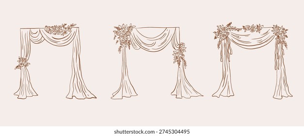 Vintage hand drawn Boho Chic wedding arch, arbor and chuppah set with flowers and flowing drapes. Whimsical retro drawings. Elegant romantic design, perfect for save the date, bridal shower invitation