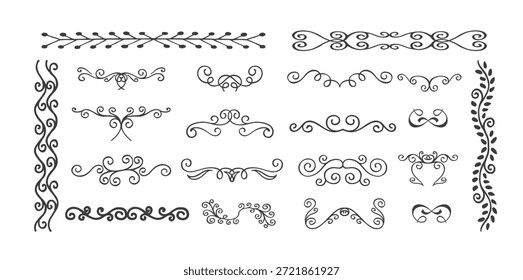 Vintage hand drawn botanical borders, floral dividers, flowers and branches. Vector isolated elements. Wedding flourish laurel wreaths for invitation card, vector illustration.