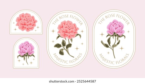 Vintage hand drawn botanical flower logo and label set with rose, daisy, gerbera, peony florals, greeneries illustration, line art frame for decoration, branding, beauty and feminine products