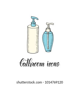 Vintage hand drawn bottle with shower gel and liquid soap or shampoo in a sketch style. Hand made lettering. Vector objects from the bathroom. 