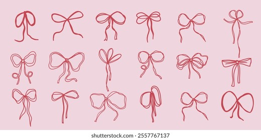 Vintage hand drawn bows whimsical ribbon sketch set collection for wedding merry christmas holiday decoration.