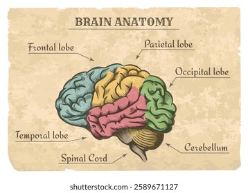 Vintage hand drawn brain anatomy. Brains areas sketch on old paper sheet vector illustration