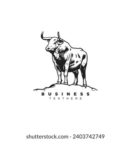 Vintage hand drawn buffalo logo design, standing bull isolated on white background