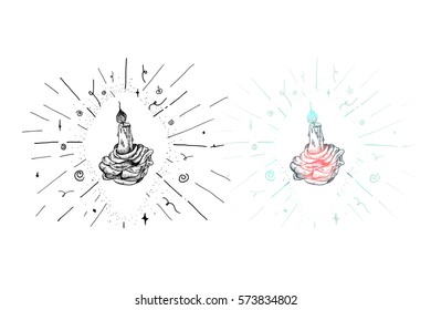 Vintage Hand Drawn Burning Candle in Rose. Romantic Tattoo Design Element for print, t-shirt, poster, card, greeting, coloring. Esoteric magic symbol. Vector