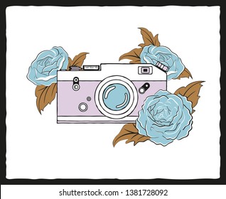 Vintage hand drawn camera with beautiful peonies