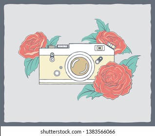 Vintage hand drawn camera with beautiful peonies