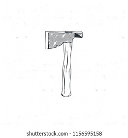 Vintage hand drawn camp axe. Silhouette sketch design. Travel line art icon. Stock vector illustration isolated on white background.