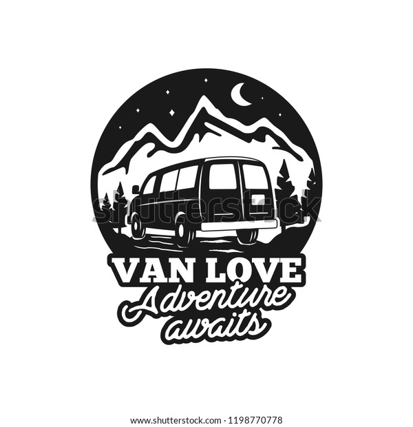 Vintage\
hand drawn camp logo badge. Van love - adenture awaits quote. Happy\
camper in mountains concept. Perfect for T-Shirt, mug, sticker.\
Stock vector emblem isolated on white\
background.