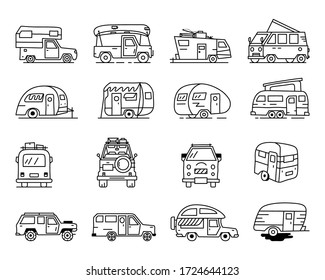 Vintage hand drawn camper recreational trailers, Rv cars icons. Simple line art graphics. Camping vehicles vans and caravans symbols. Stock vector isolated