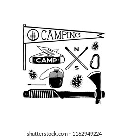 Vintage hand drawn camping adventure shapes. Hiking symbols - pennant, knife, matches, axe and others. Retro monochrome design. Can be used for t shirts, prints. Stock vector isolated on white.