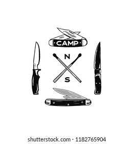 Vintage hand drawn camping adventure icons. Hiking shapes - matches and knifes. Retro monochrome design. Can be used for t shirts, prints. Stock vector symbols isolated on white.