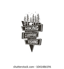 Vintage hand drawn camping badge. Wanderlust emblem in black style. Stock vector isolated on white background