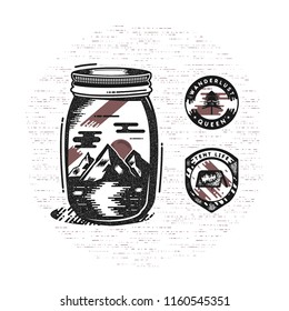 Vintage hand drawn camping badges and patches. Mountains and river in jar in retro textured style. Adventure pathces - wanderlust queen and tent life labels. Stock vector isolated on grunge.