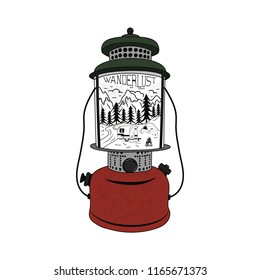 Vintage hand drawn Camping Lantern Emblem. Mountain adventure inside. Camp T-shirt. Funny hiking concept for tee. Perfect for any adventurer, wanderlust lovers or hikers. Stock vector