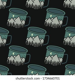 Vintage Hand drawn camping mug seamless pattern with adventure forest. Unusual Stock vector adventure background