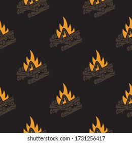 Vintage Hand drawn camping seamless pattern with retro campfire elements. Stock vector adventure background