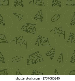 Vintage Hand drawn camping seamless pattern with retro camper, tent and mountains elements. Adventure silhouette line art graphics. Stock vector hiking linear background