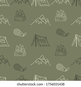 Vintage Hand drawn camping seamless pattern with retro camper, tent and mountains elements. Adventure line art graphics. Stock vector hiking linear background