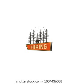 Vintage Hand drawn camping sign, travel badge - Hiking sign. Old retro style. Stock vector illustration isolated on white background.