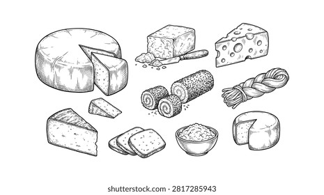 Vintage Hand Drawn Cheese Collection Vector – Engraving Dairy Food Sketch Illustration Set