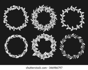 Vintage hand drawn christmas floral wreath set. Holiday frame with place for text. White outline christmas plants on black background.