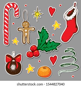 vintage hand drawn christmas sticker collection. vector illustration. xmas doodle clipart set. New year icons isolated. Winter season decorative elements great for holidays decor.photo booth and props