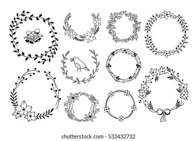 Vintage hand drawn Christmas wreaths vector set