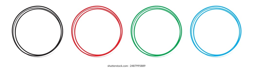 Vintage hand drawn circle. Important mark vector illustration set. Hand draw black, red. green, blue circle set.