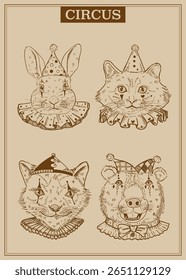 Vintage Hand Drawn Circus Style Animal Heads Vector Bunny, Cat, Fox, Bear