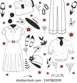 Vintage hand drawn clothes, seamless pattern, accessories, bags. Sketch for wrapping paper.