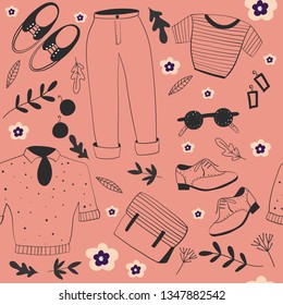 Vintage hand drawn clothes, seamless pattern, accessories, bags. Sketch for wrapping paper.
