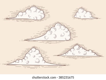Vintage hand drawn clouds. Engraving vector illustration, sketch.