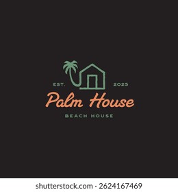 Vintage Hand Drawn Coastal House with Palm Tree and Sun Logo Design