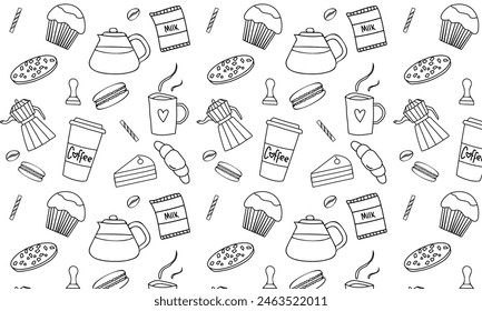 Vintage hand drawn coffe seamless pattern with retro coffee maker, milk, cake, cookies.	