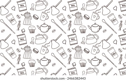 Vintage hand drawn coffe seamless pattern with retro coffee maker, milk, cake, cookies.