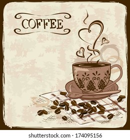 Vintage hand drawn coffee background with ancient patterned cup and beans