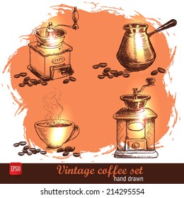 Vintage hand drawn coffee set with coffee beans. Sketch style. 