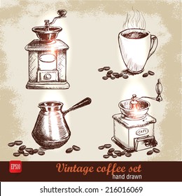 Vintage hand drawn coffee set with coffee beans. Sketch style. Grunge background