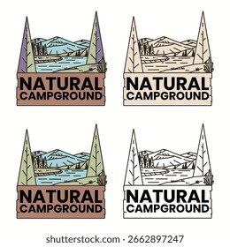 Vintage hand drawn collection featuring mountain landscape, river, and pine trees with "Natural Campground" typography