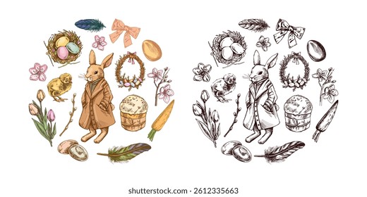 Vintage hand drawn colored and black Easter composition with bunny, eggs, flowers, and festive elements in sketch style