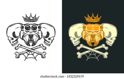 Vintage hand drawn composition with spider and human skull head isolated on clean background. Design concept for tattoo, print, banner, badge in old school style. Vector illustration.