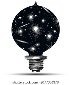 Vintage hand drawn concept illustration of old light bulb with inside a whole galaxies, stars, comets, black holes on black sky.