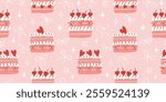 Vintage hand drawn coquette seamless pattern with cakes, cherry hearts and bows. Cute background for Valentine