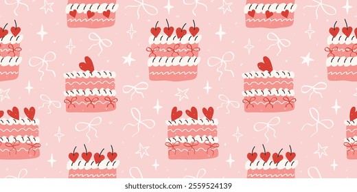 Vintage hand drawn coquette seamless pattern with cakes, cherry hearts and bows. Cute background for Valentine's day, wedding decor, birthday. Modern trendy print for wrapping paper, fabric, textile.